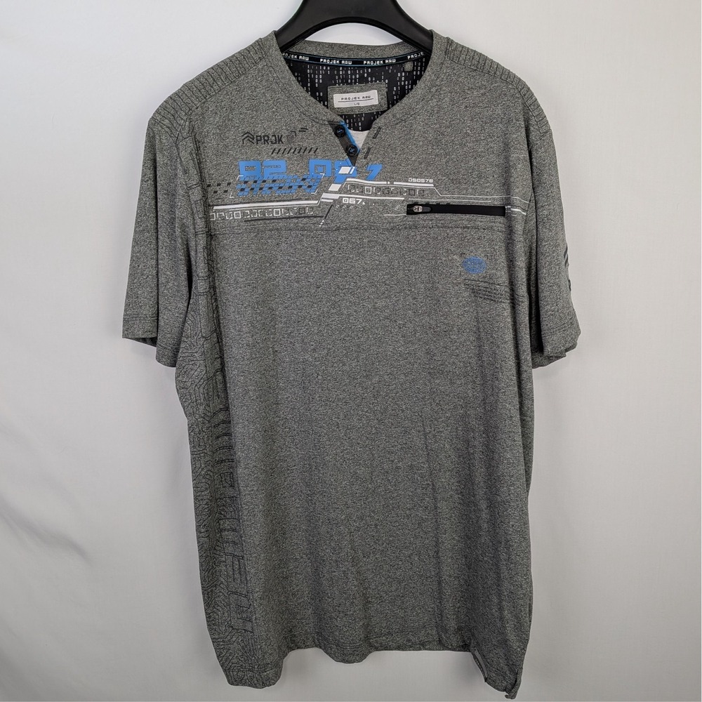 Projek Raw 1/4 Button Graphic Print Short Sleeve Shirt Gray Men's L/G